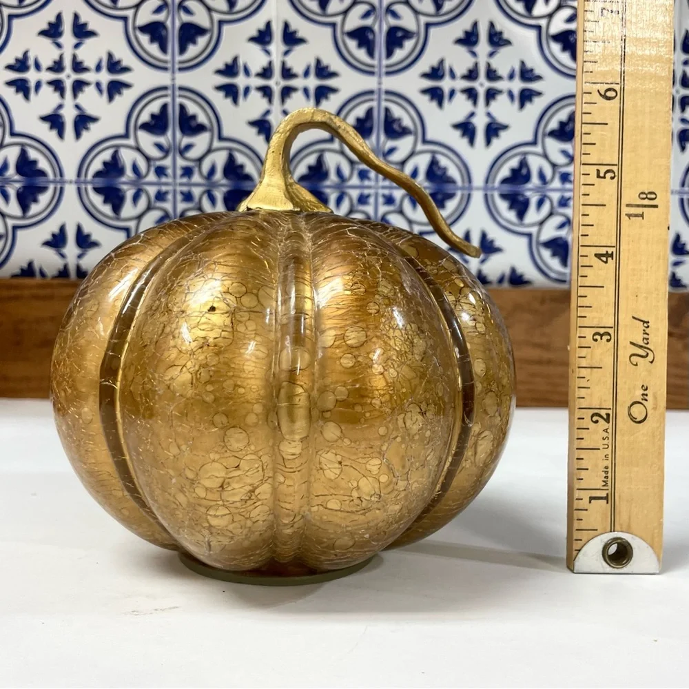 Pier 1 Hand Blown Bronze Crackle Glass Pumpkin Metallic Gold Stem Fall Decor